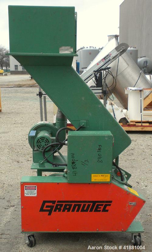 Used Granutec Granulator, Model 1212LPZ-10. Approximate 10" diameter x 12" long open rotor with 3 bolt on blades. Tilt back pelican feed hopper. Driven by a 10 hp, 3/60/230/460 volt, 1750 rpm motor. ...