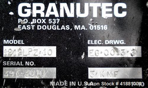 Used Granutec Granulator, Model 1212LPZ-10. Approximate 10" diameter x 12" long open rotor with 3 bolt on blades. Tilt back pelican feed hopper. Driven by a 10 hp, 3/60/230/460 volt, 1750 rpm motor. ...