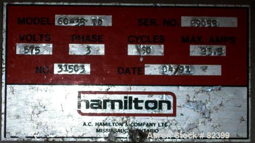 USED: Hamilton/Tria grinder, model 60-35TD. Approximately 12" diameter x 24" wide 6 bolt-on staggered blades. Open rotor, (2...