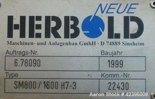 Used Neue Herbold Granulator, Type SM-800/1600H7-3. Feed opening 940mm x 1560mm (37’’ x 61.4’’). 800mm (31.4’’) Diameter open rotor with bolt on blades. Driven by a 215 hp, 3/60/460 volt, 1785 RPM mo...