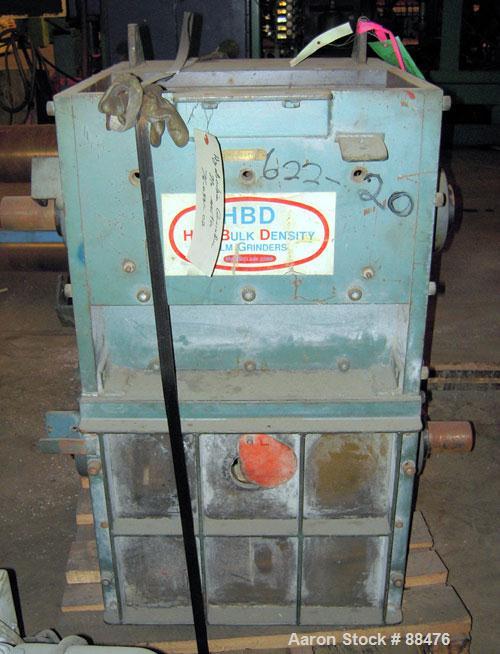 Used Hydro Claim High-Bulk-Density Dual Rotor Plastic Film Grinder, Model HBD. Approximately 12" x 18" feed opening. Stacked rotor design. Requires blades and motor.