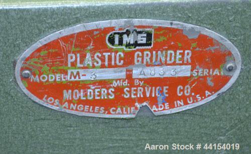 Used IMS Plastic Grinder, Model M-3, Carbon Steel. Approximate 6" diameter x 7" wide feed opening with a tilt back pelican feed hopper. (2) Bolt on blade closed rotor, approximate 3/16" diameter scre...