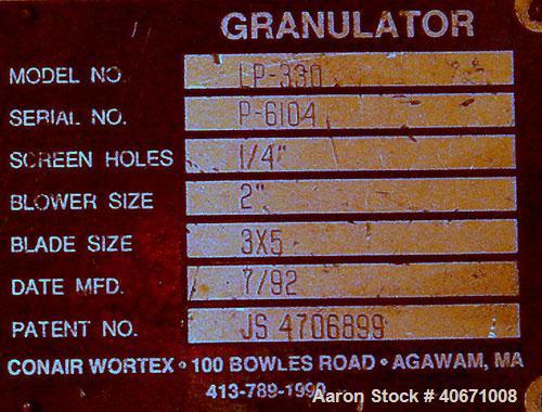 Used Conair/Wortex Granulator, model LP-330. Approximate 6" diameter x 7" long segmented helical type rotor with 3 rows of 5 blades. 7 3/4" x 7 1/4" carbon steel chamber. 16" x 24" top feed opening. ...