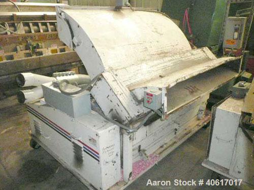 Used MPG Sheet Grinder, Model F56HB. Approximately 6" x 54" wide feed with motorized tilt hopper and pull rolls, driven by a 2 hp motor. Grinder driven by an approximate 50 hp motor. Mounted on caste...