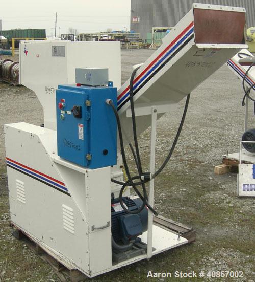 Used MPG Granulator, Model GP-1220HB. Approximately 10" diameter x 24" wide, 3 rows of 2 bolt on slanted blade open rotor. Tilt back pelican style feed hopper with sheet feed, set up for blower disch...