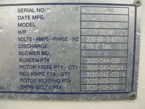 Used MPG Granulator, Model GP-1220HB. Approximately 10" diameter x 24" wide, 3 rows of 2 bolt on slanted blade open rotor. Tilt back pelican style feed hopper with sheet feed, set up for blower disch...