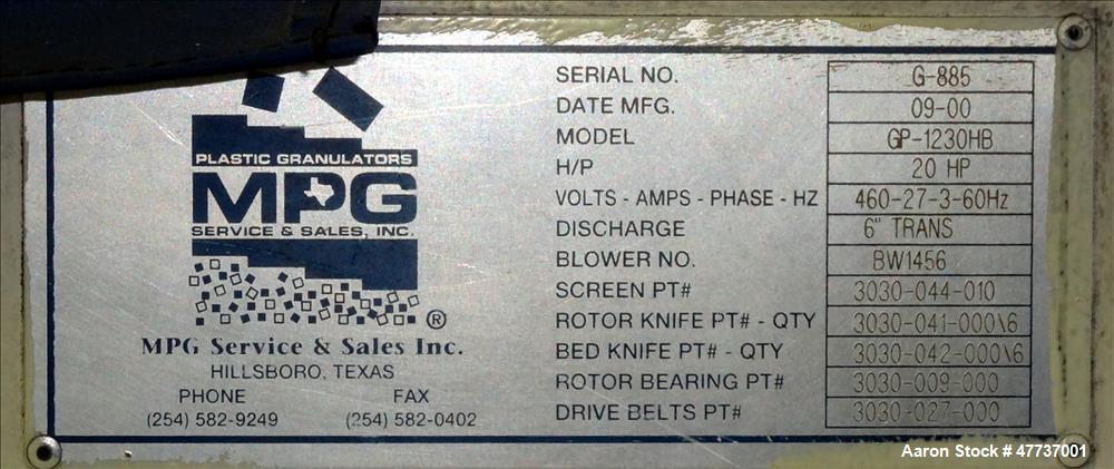 Used MPG Service & Sales Inc. Granulator, Model GP-1230HB