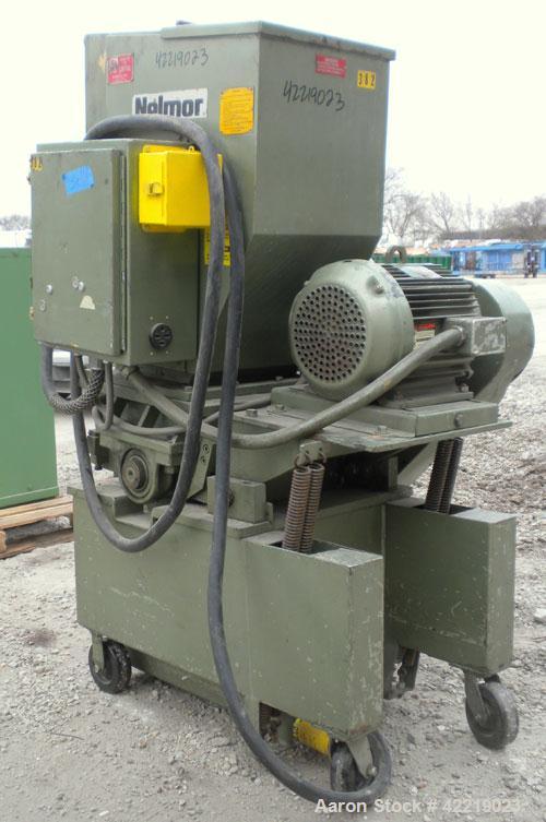 Used Nelmore Granulator, Model 1215M1. Approximately 12" diameter x 15" wide 3 bolt-on blade open rotor. Tilt back pelican style feed hopper, set up for bottom discharge, missing drawer. Approximatel...