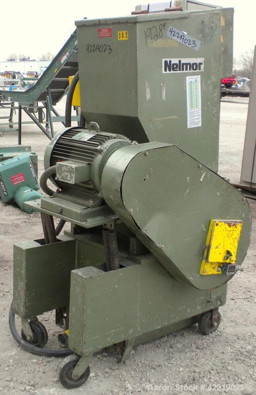 Used Nelmore Granulator, Model 1215M1. Approximately 12" diameter x 15" wide 3 bolt-on blade open rotor. Tilt back pelican style feed hopper, set up for bottom discharge, missing drawer. Approximatel...