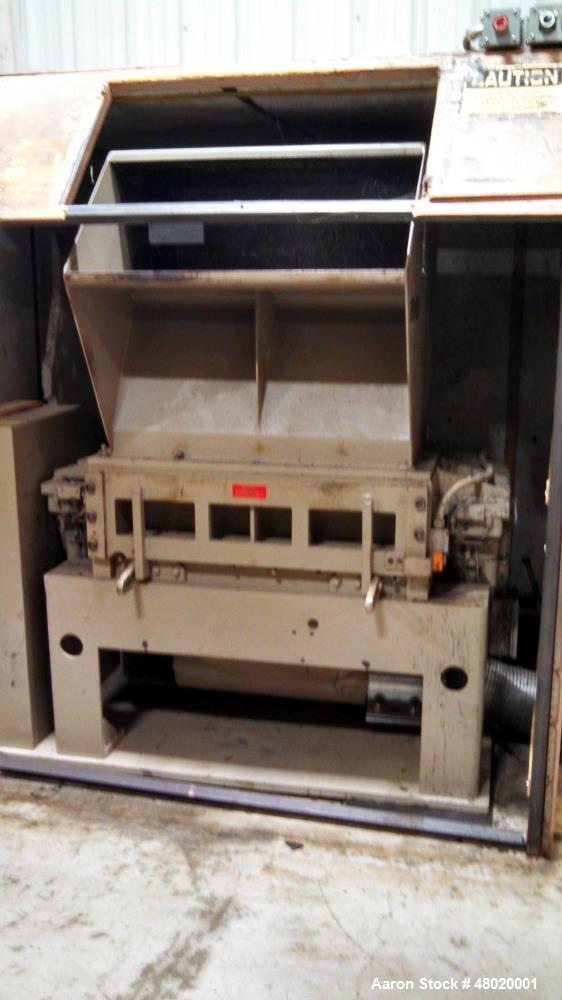 Used Nelmore Grinder, Model 1436. 75 hp, closed rotor, 6 blades rotating, 4 fixed bed knives. Also includes: 10 hp blower, cyclone with 8" inlet, Premier Air Loc, sound enclosure, Gaylord dumper, ste...