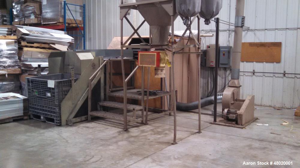 Used Nelmore Grinder, Model 1436. 75 hp, closed rotor, 6 blades rotating, 4 fixed bed knives. Also includes: 10 hp blower, cyclone with 8" inlet, Premier Air Loc, sound enclosure, Gaylord dumper, ste...