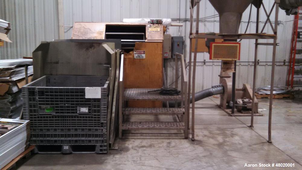 Used Nelmore Grinder, Model 1436. 75 hp, closed rotor, 6 blades rotating, 4 fixed bed knives. Also includes: 10 hp blower, cyclone with 8" inlet, Premier Air Loc, sound enclosure, Gaylord dumper, ste...