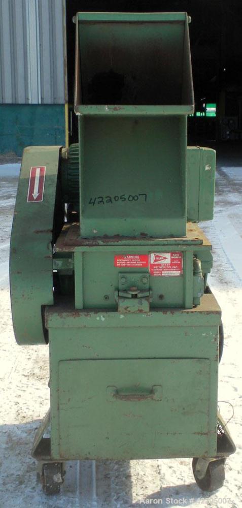 Used Nelmore Granulator, Model G1012M1. Approximately 10" diameter x 12" wide 2 bolt-on blade open rotor. Tilt back pelican style feed hopper, bottom discharge with drawer. Approximately 1/4" diamete...