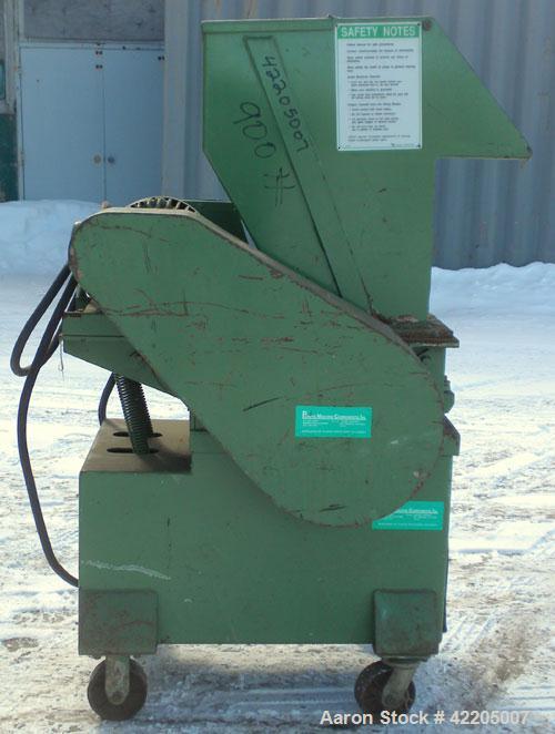 Used Nelmore Granulator, Model G1012M1. Approximately 10" diameter x 12" wide 2 bolt-on blade open rotor. Tilt back pelican style feed hopper, bottom discharge with drawer. Approximately 1/4" diamete...