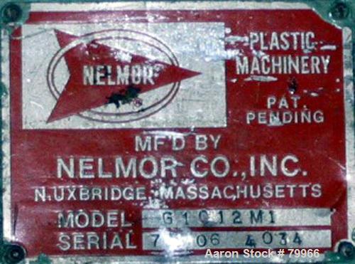 USED: Nelmor granulator, model G10121M1. 3 bolt-on blade closedrotor, 2 bed knives, pelican style feed with a 12" wide x 10" tallfeed opening, 1/4" screen holes, pull out discharge drawer, drivenby a...
