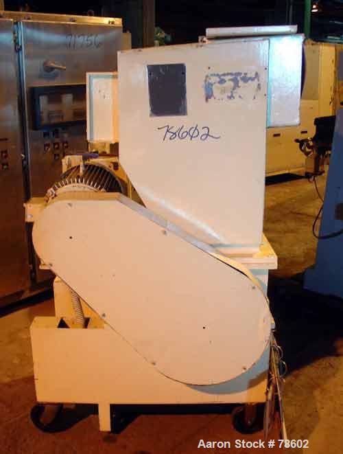 USED:Nelmor grinder, model G1215MI, 2 bolt-on knives, open rotor,approx 1/4" screen holes, pelican style feed, bottom discharge,driven by a 15 hp, 3/60/230/460 volt, 1755 rpm motor. Mounted oncasters...