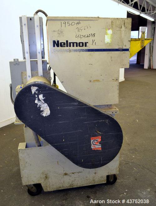Used Nelmore Granulator, Model G1215P1. Approximately 12" diameter x 15" wide 3 bolt-on blade closed rotor. Tilt back pelican style feed hopper, set up for bottom discharge with drawer. Approximately...