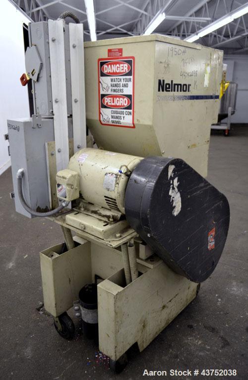 Used Nelmore Granulator, Model G1215P1. Approximately 12" diameter x 15" wide 3 bolt-on blade closed rotor. Tilt back pelican style feed hopper, set up for bottom discharge with drawer. Approximately...