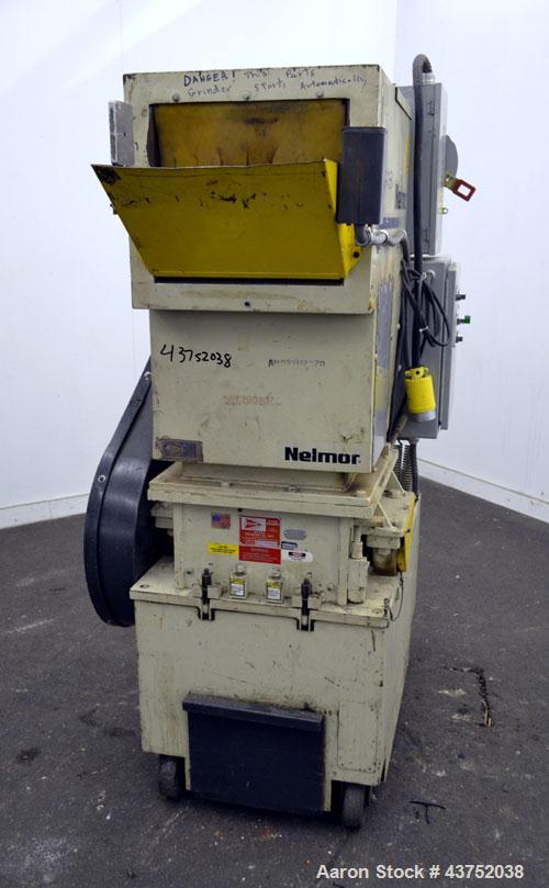 Used Nelmore Granulator, Model G1215P1. Approximately 12" diameter x 15" wide 3 bolt-on blade closed rotor. Tilt back pelican style feed hopper, set up for bottom discharge with drawer. Approximately...