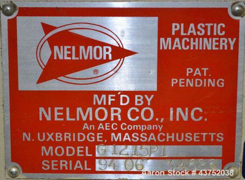 Used Nelmore Granulator, Model G1215P1. Approximately 12" diameter x 15" wide 3 bolt-on blade closed rotor. Tilt back pelican style feed hopper, set up for bottom discharge with drawer. Approximately...