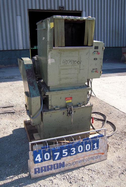 Used Nelmore Granulator, Model G1220M1. Approximately 12" diameter x 19 1/2" wide 3 bolt-on blade open rotor. Tilt back pelican style feed hopper, set up for bottom blower discharge. Approximately 3/...
