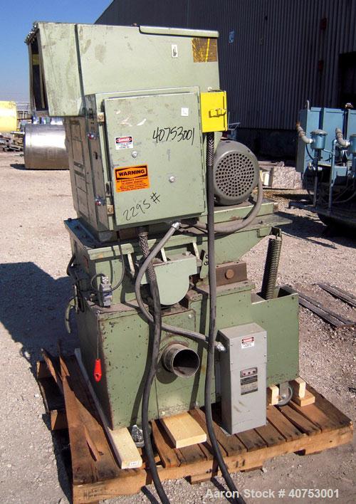 Used Nelmore Granulator, Model G1220M1. Approximately 12" diameter x 19 1/2" wide 3 bolt-on blade open rotor. Tilt back pelican style feed hopper, set up for bottom blower discharge. Approximately 3/...