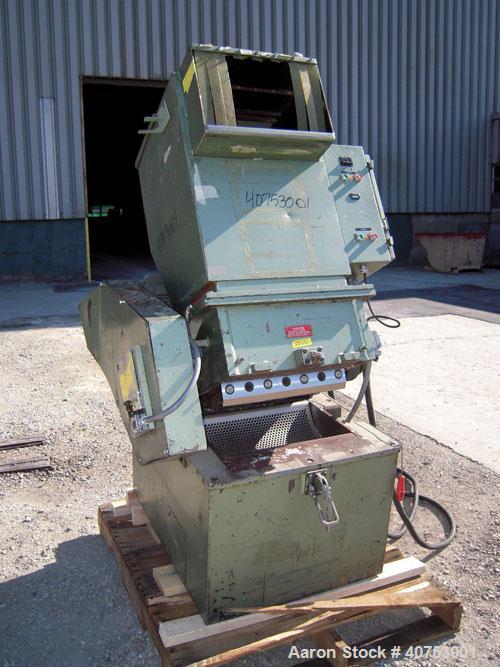 Used Nelmore Granulator, Model G1220M1. Approximately 12" diameter x 19 1/2" wide 3 bolt-on blade open rotor. Tilt back pelican style feed hopper, set up for bottom blower discharge. Approximately 3/...