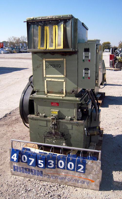Used Nelmore Granulator, Model G1220M1. Approximately 12" diameter x 19 1/2" wide 3 bolt-on blade open rotor. Tilt back pelican style feed hopper, set up for bottom blower discharge. Approximately 3/...