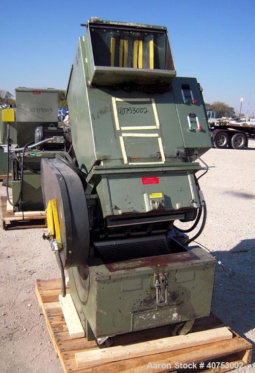 Used Nelmore Granulator, Model G1220M1. Approximately 12" diameter x 19 1/2" wide 3 bolt-on blade open rotor. Tilt back pelican style feed hopper, set up for bottom blower discharge. Approximately 3/...