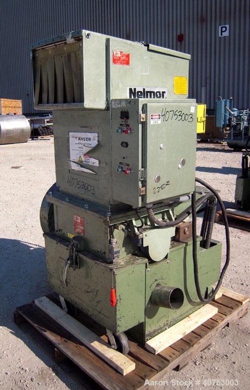 Used Nelmore Granulator, Model G1220M1. Approximately 12" diameter x 19 1/2" wide 3 bolt-on blade open rotor. Tilt back pelican style feed hopper, set up for bottom blower discharge. Approximately 3/...