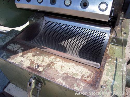 Used Nelmore Granulator, Model G1220M1. Approximately 12" diameter x 19 1/2" wide 3 bolt-on blade open rotor. Tilt back pelican style feed hopper, set up for bottom blower discharge. Approximately 3/...