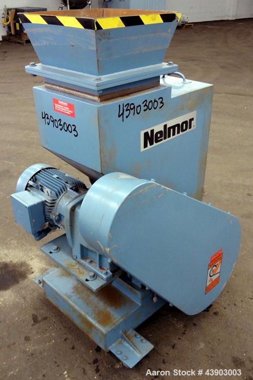 Used Nelmore Granulator, Model LP-810LS. Approximately 8” X 10” feed throat, 3 bolt-on blade closed rotor. Bolt- on pelican style feed hopper. Driven by a 3 hp, 3/60/230/460 volt, 1750 rpm gear motor...