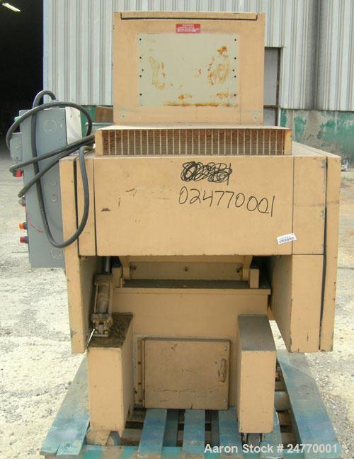 Used Nelmore Granulator, Model RG1220M1. Approximately 12" diameter x 20" wide 3 bolt-on blade closed rotor, (2) bed knives. Manual hydraulic tilt back pelican style feed hopper, bottom discharge, no...