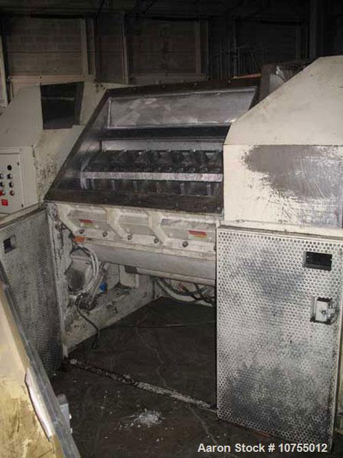 Used Nelmor model RG2244 granulator. 22" x 44" feed throat, 5 knife open rotor, 2 bed knife, 150 hp, 460 volt motor, dual feed insulated hopper, hydraulic assisted tilt back hopper and drop down scre...