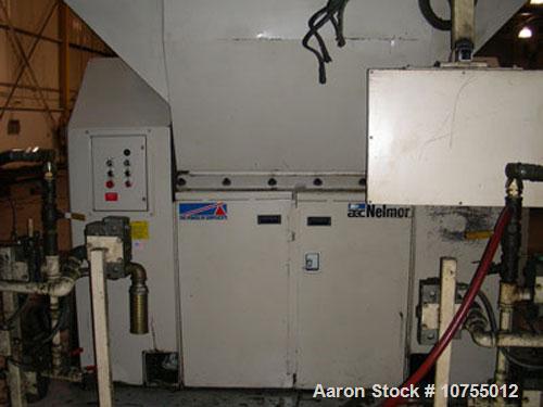 Used Nelmor model RG2244 granulator. 22" x 44" feed throat, 5 knife open rotor, 2 bed knife, 150 hp, 460 volt motor, dual feed insulated hopper, hydraulic assisted tilt back hopper and drop down scre...