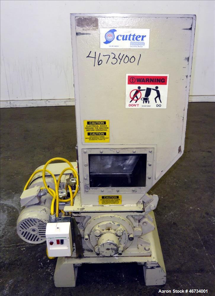 Used Nissui Granulator, Model FNSK-04SC, Carbon Steel. Approximate 10" x 9" chamber, (2) S cutters. Approximate 0.75kw, 3/60/230 volt motor. Serial# F04566, built 1994.