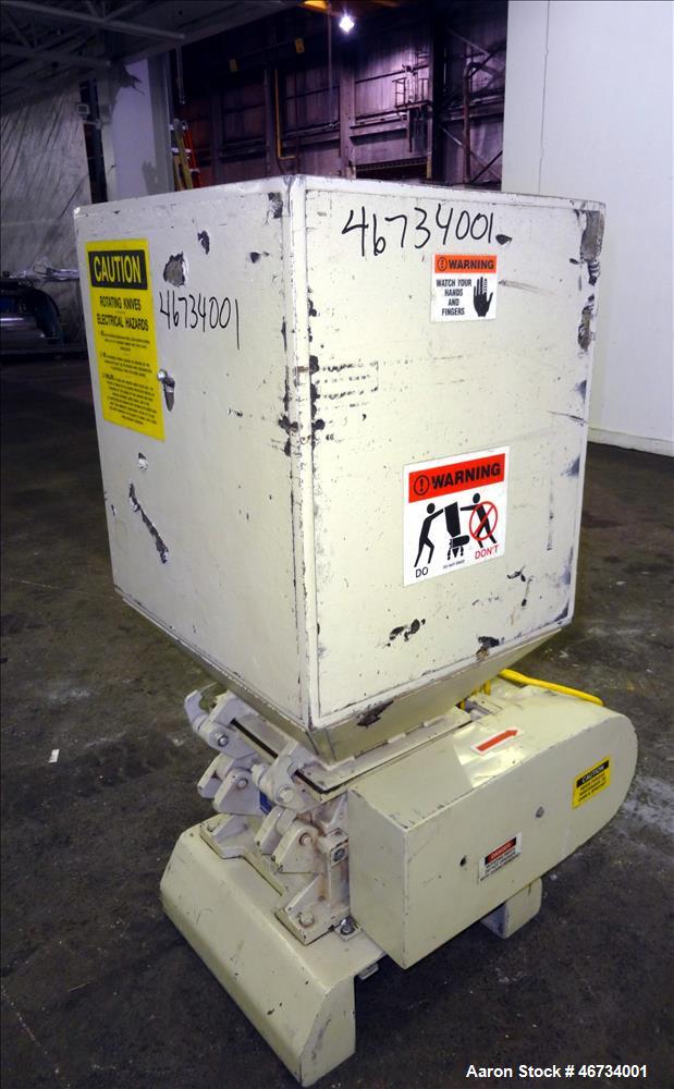 Used Nissui Granulator, Model FNSK-04SC, Carbon Steel. Approximate 10" x 9" chamber, (2) S cutters. Approximate 0.75kw, 3/60/230 volt motor. Serial# F04566, built 1994.