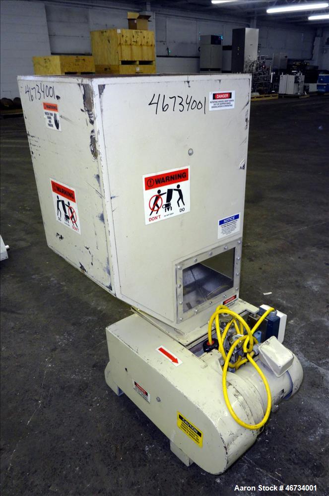 Used Nissui Granulator, Model FNSK-04SC, Carbon Steel. Approximate 10" x 9" chamber, (2) S cutters. Approximate 0.75kw, 3/60/230 volt motor. Serial# F04566, built 1994.
