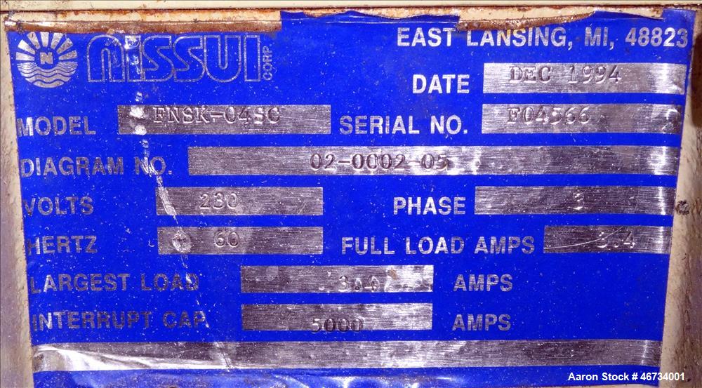 Used Nissui Granulator, Model FNSK-04SC, Carbon Steel. Approximate 10" x 9" chamber, (2) S cutters. Approximate 0.75kw, 3/60/230 volt motor. Serial# F04566, built 1994.