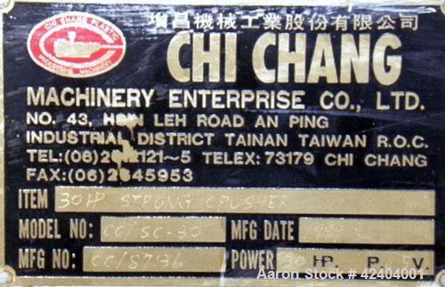 Used Chi Chang Machinery Granulator, Model CC/SC-30. Segmented helical type closed rotor with 3 rows of 3 bolt on blades. 19" x 24-3/4" top feed opening with a tilt back pelican type feed hopper. Dri...