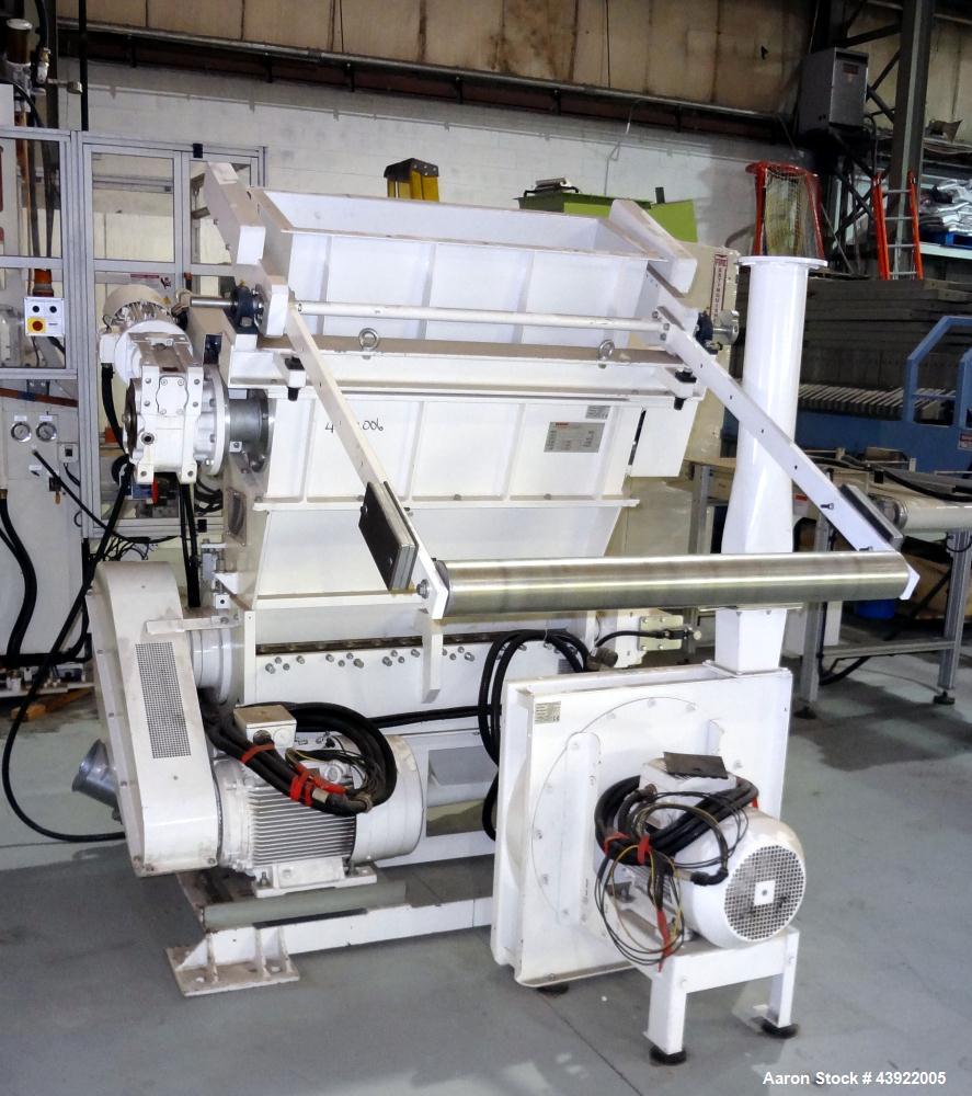 Used OMV (TRIA) Granulator, Built 2004. Model TR900. Approximate 12" diameter x 38" wide two roll feed. Driven by a 1.1 KW Drive. Rolls are grooved. Grinder has (4) knives, with open style rotor. Eac...