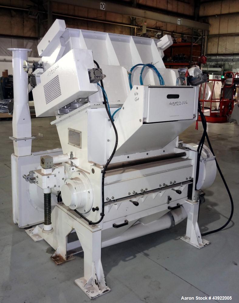 Used OMV (TRIA) Granulator, Built 2004. Model TR900. Approximate 12" diameter x 38" wide two roll feed. Driven by a 1.1 KW Drive. Rolls are grooved. Grinder has (4) knives, with open style rotor. Eac...