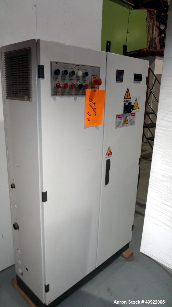 Used OMV (TRIA) Granulator, Built 2004. Model TR900. Approximate 12" diameter x 38" wide two roll feed. Driven by a 1.1 KW Drive. Rolls are grooved. Grinder has (4) knives, with open style rotor. Eac...
