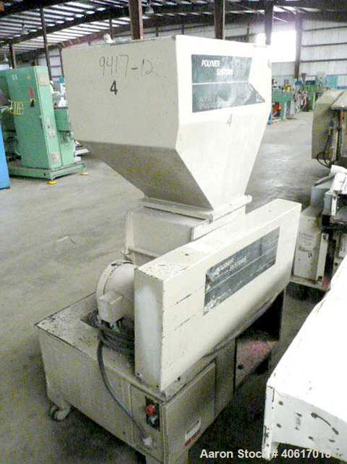 Used Polymer Systems Granulator, model 1116. 11" x 16" feed throat. Rotor belt driven by a 10 hp motor. Set up for airveyor discharge, no blower, includes a rotary valve.


