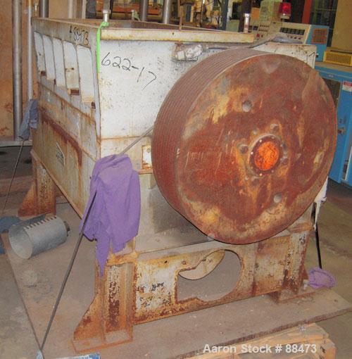 Used Polymer Machinery Granulator, Model 2040. 3-knife open rotor. 20" x 40" feed throat with hopper. Requires an approximate 150 hp motor. Mounted on legs with a base.