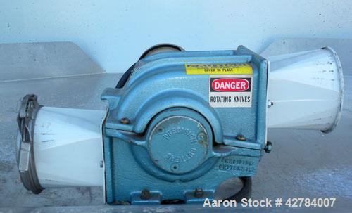 Used Precision Airconvey Inline Granulator, Model 78 FP, Carbon Steel. Approximate 5 diameter x 8 wide open rotor with (2) 6-3/4 wide bolt on blades, (1) bed knife, no bottom screen. 7 x 4 Feed and d...