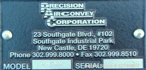 Used Precision Airconvey Inline Granulator, Model 78 FP, Carbon Steel. Approximate 5 diameter x 8 wide open rotor with (2) 6-3/4 wide bolt on blades, (1) bed knife, no bottom screen. 7 x 4 Feed and d...