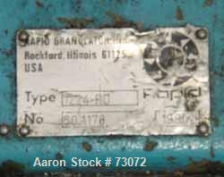 Used Rapid Granulator, Model 1224KU. 12" Diameter x 24" wide 3 bolt on slanted blade open rotor, 2 bed knives. Pelican style feed hopper, bottom discharge drawer. Approximate 1/4" diameter screen hol...