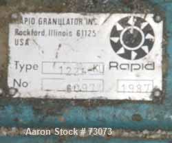Used Rapid Granulator, Model 1224KU. 12" Diameter x 24" wide 3 bolt on slanted blade open rotor, 2 bed knives. Pelican style feed hopper, bottom discharge drawer. Approximate 1/4" diameter screen hol...
