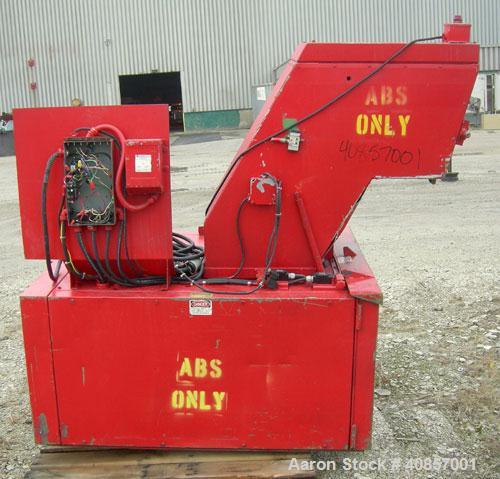Used Rapid Granulator, Model 1224K. Approximately 12" diameter x 24" wide, 3 rows of 2 bolt on slanted blade open rotors. Tilt back pelican style feed hopper, set up for blower discharge with bottom ...